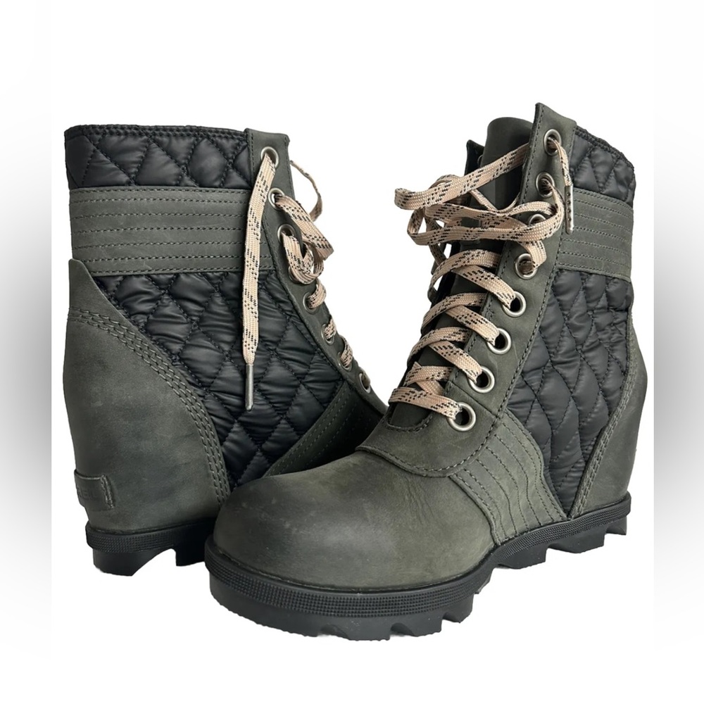 Sorel Womens Olive Black Slate Lexie NL3375-026 Wedge Rain Boots Size US 8